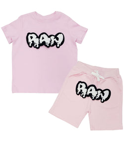 Kids RAW Drip White Chenille Crew Neck and Cotton Shorts Set - Pink Tees / Pink Shorts - Rawyalty Clothing