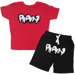 Kids RAW Drip White Chenille Crew Neck and Cotton Shorts Set - Red Tees / Black Shorts - Rawyalty Clothing
