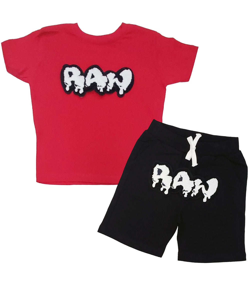 Kids RAW Drip White Chenille Crew Neck and Cotton Shorts Set - Red Tees / Black Shorts - Rawyalty Clothing
