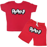 Kids RAW Drip White Chenille Crew Neck and Cotton Shorts Set - Red Tees / Red Shorts - Rawyalty Clothing