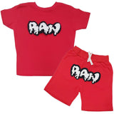 Kids RAW Drip White Chenille Crew Neck and Cotton Shorts Set - Red Tees / Red Shorts - Rawyalty Clothing
