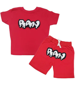 Kids RAW Drip White Chenille Crew Neck and Cotton Shorts Set - Red Tees / Red Shorts - Rawyalty Clothing