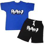 Kids RAW Drip White Chenille Crew Neck and Cotton Shorts Set - Royal Tees / Black Shorts - Rawyalty Clothing