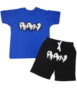 Kids RAW Drip White Chenille Crew Neck and Cotton Shorts Set - Royal Tees / Black Shorts - Rawyalty Clothing
