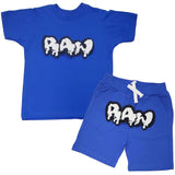 Kids RAW Drip White Chenille Crew Neck and Cotton Shorts Set - Royal Tees / Royal Shorts - Rawyalty Clothing