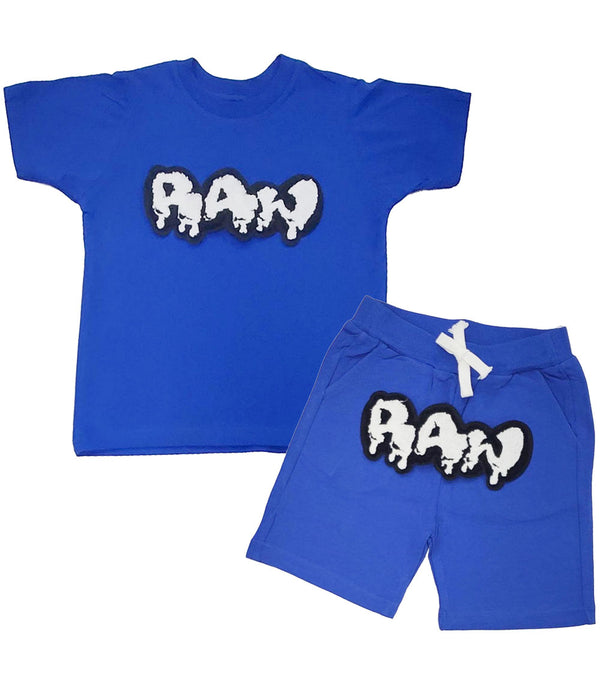 Kids RAW Drip White Chenille Crew Neck and Cotton Shorts Set - Royal Tees / Royal Shorts - Rawyalty Clothing