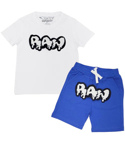 Kids RAW Drip White Chenille Crew Neck and Cotton Shorts Set - White Tees / Royal Shorts - Rawyalty Clothing