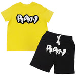 Kids RAW Drip White Chenille Crew Neck and Cotton Shorts Set - Yellow Tees / Black Shorts - Rawyalty Clothing