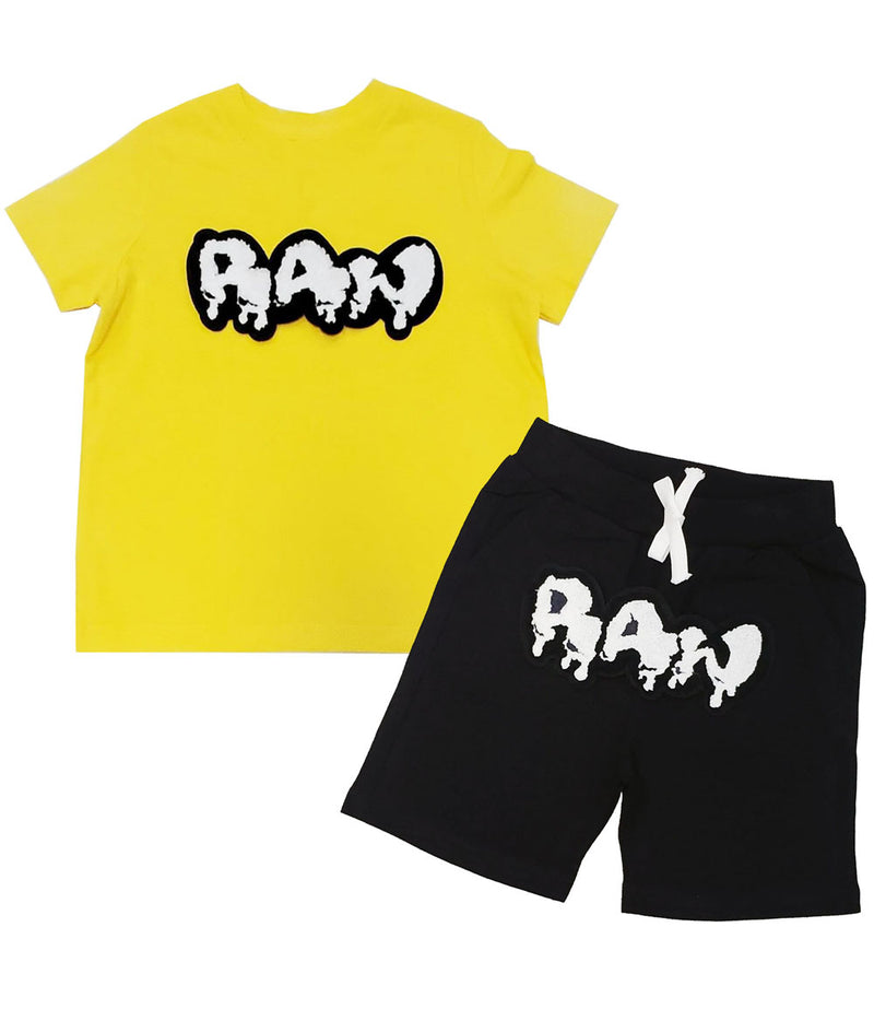 Kids RAW Drip White Chenille Crew Neck and Cotton Shorts Set - Yellow Tees / Black Shorts - Rawyalty Clothing