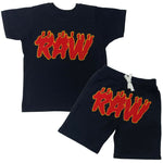 Kids RAW Flame Red Chenille Crew Neck and Cotton Shorts Set - Black Tees / Black Shorts - Rawyalty Clothing