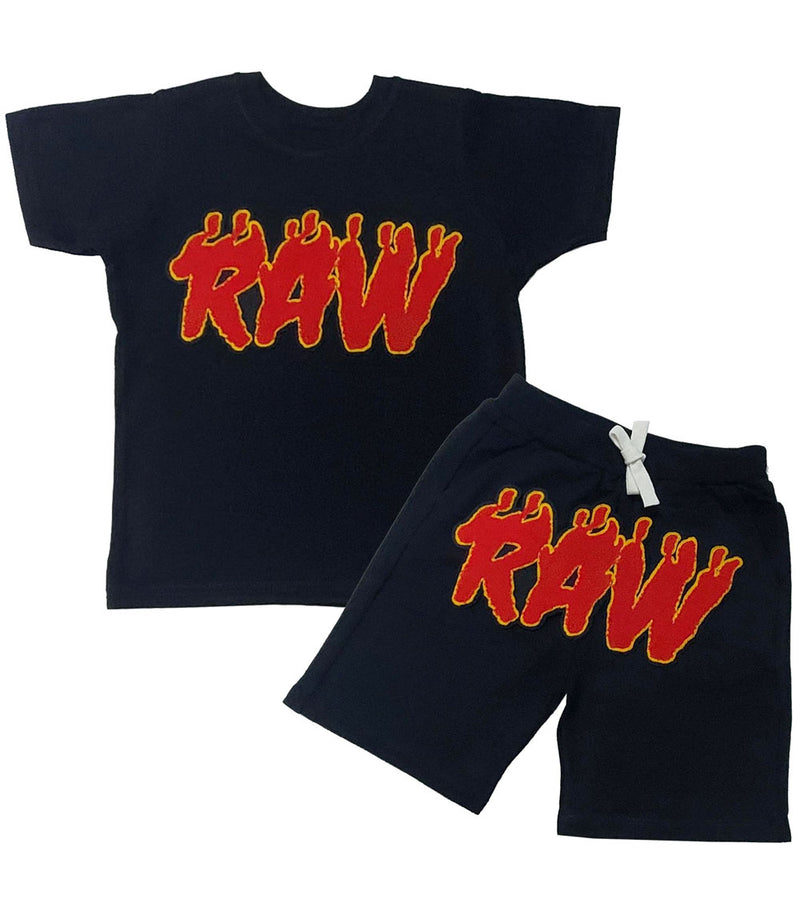 Kids RAW Flame Red Chenille Crew Neck and Cotton Shorts Set - Black Tees / Black Shorts - Rawyalty Clothing