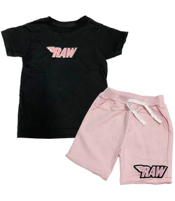 Kids RAW Wing Pink Chenille Crew Neck and Cotton Shorts Set - Black Tees / Pink Shorts - Rawyalty Clothing