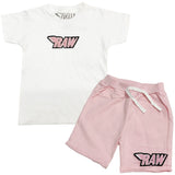 Kids RAW Wing Pink Chenille Crew Neck and Cotton Shorts Set - White Tees / Pink Shorts - Rawyalty Clothing