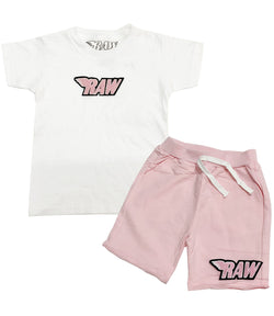 Kids RAW Wing Pink Chenille Crew Neck and Cotton Shorts Set - White Tees / Pink Shorts - Rawyalty Clothing