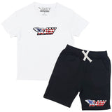 Kids RAW Wing USA Chenille Crew Neck and Cotton Shorts Set - White Tees / Black Shorts - Rawyalty Clothing