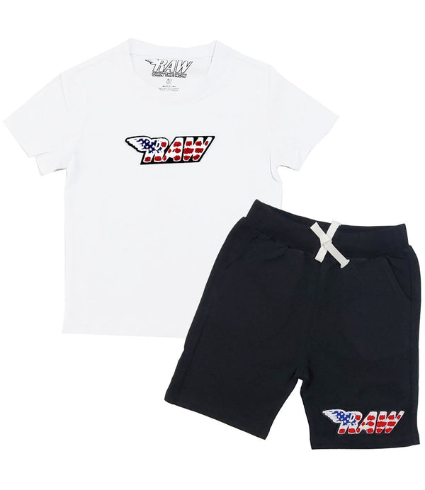 Kids RAW Wing USA Chenille Crew Neck and Cotton Shorts Set - White Tees / Black Shorts - Rawyalty Clothing