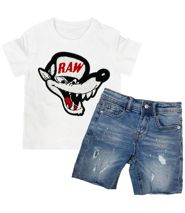Kids Survive Chenille Crew Neck and RKDS001 Denim Shorts Set - White Tees / Light Blue Shorts - Rawyalty Clothing