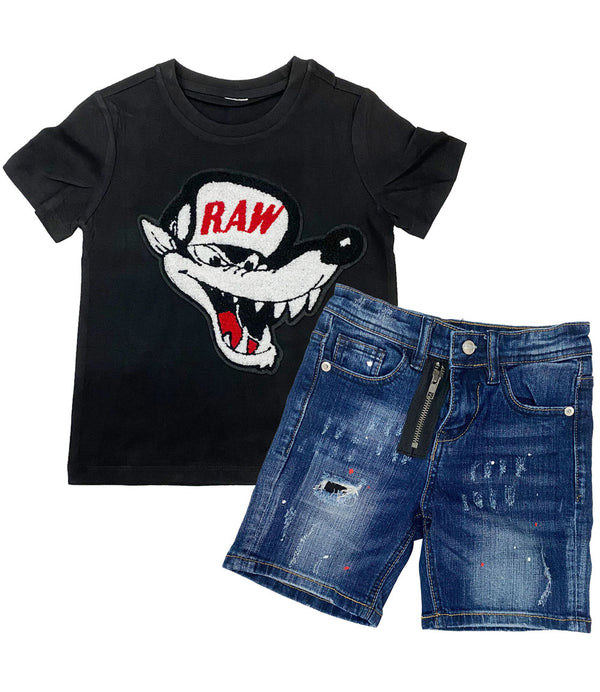 Kids Survive Chenille Crew Neck and RKDS002 Denim Shorts Set - Black Tees / Dark Blue Shorts - Rawyalty Clothing