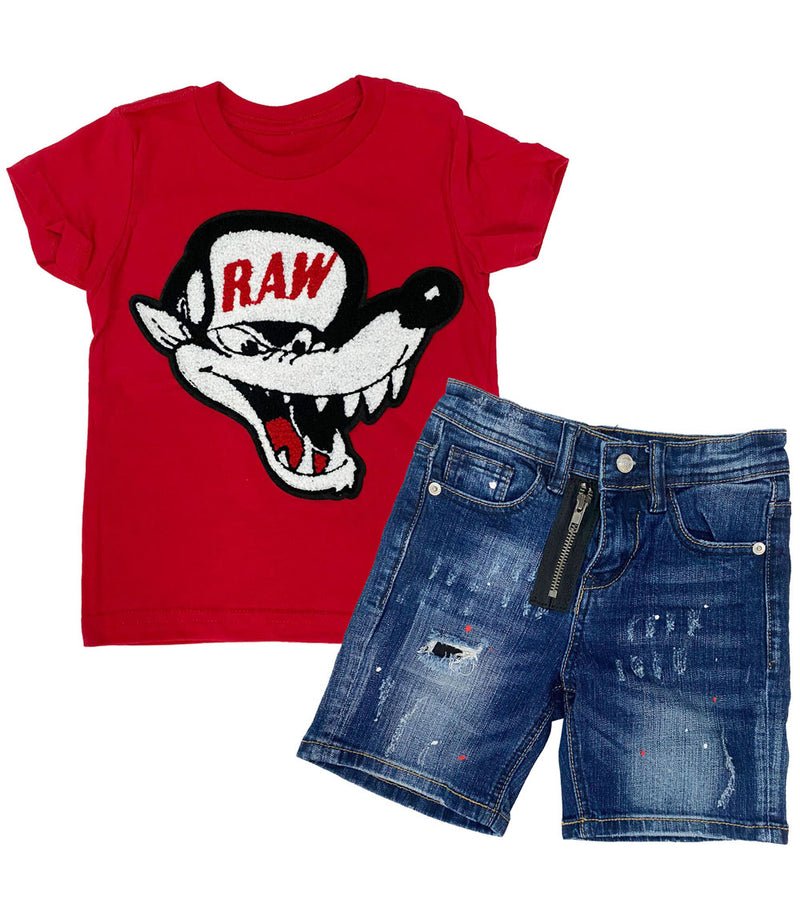 Kids Survive Chenille Crew Neck and RKDS002 Denim Shorts Set - Red Tees / Dark Blue Shorts - Rawyalty Clothing