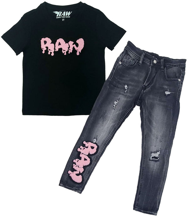 Kids RAW Drip Pink Chenille Crew Neck and RKJ001 Denim Jeans Set - Black Tees / Black Jeans - Rawyalty Clothing