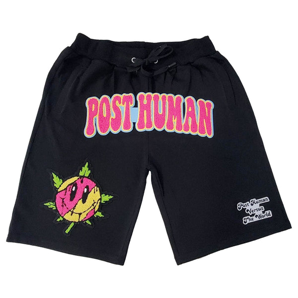Men Post Human Vs The World Chenille Cotton Shorts - Rawyalty Clothing
