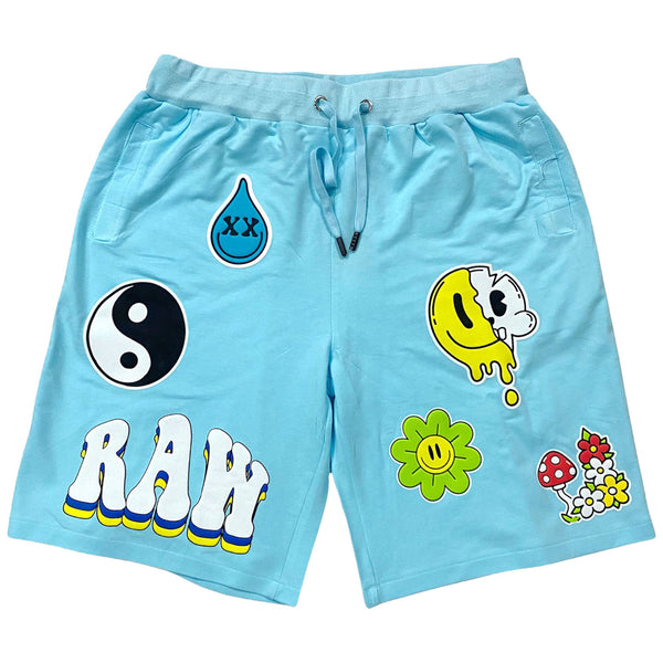 Men Smiley Drip Puff Print Cotton Shorts - Aqua - Rawyalty Clothing