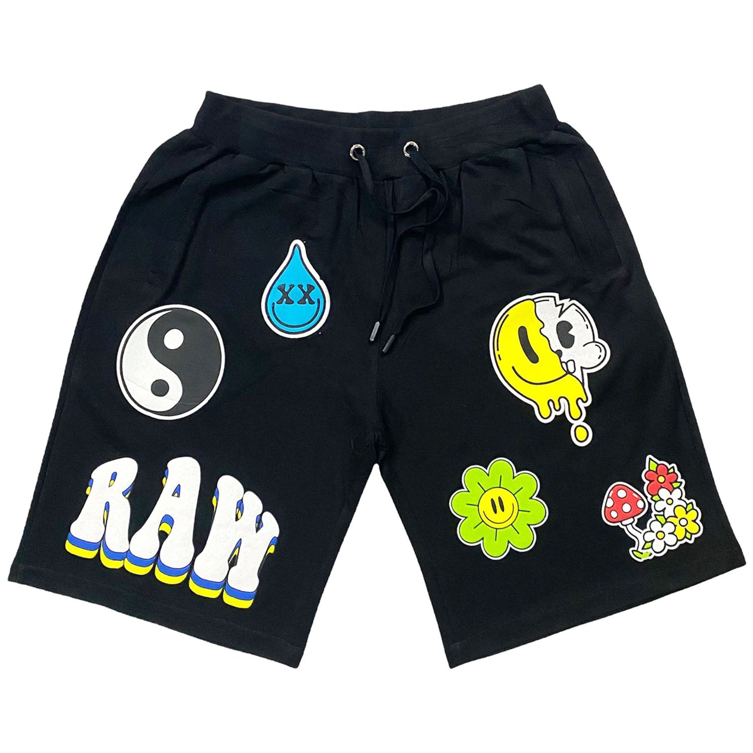 Men Smiley Drip Puff Print Cotton Shorts - Black - Rawyalty Clothing