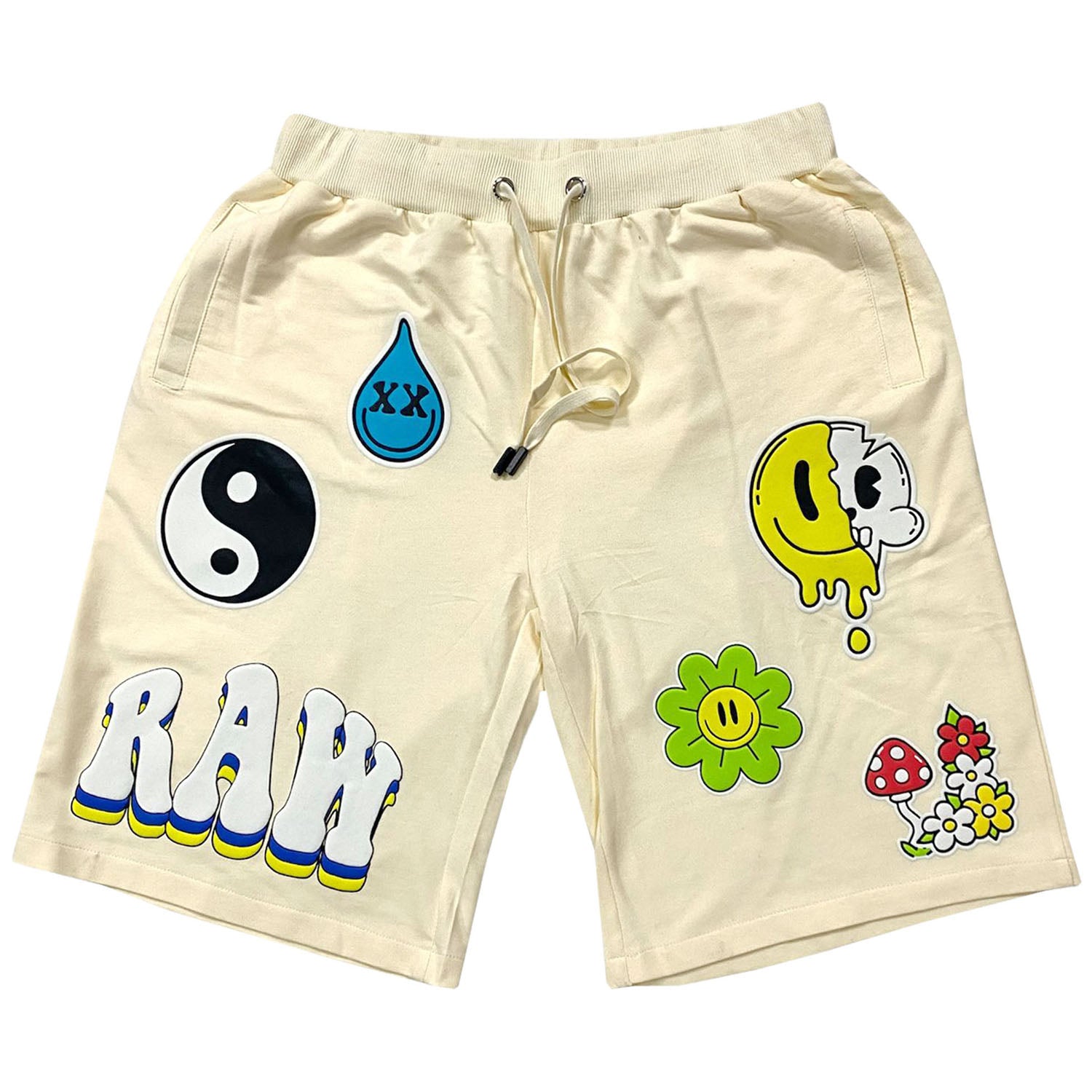 Men Smiley Drip Puff Print Cotton Shorts - Cream - Rawyalty Clothing