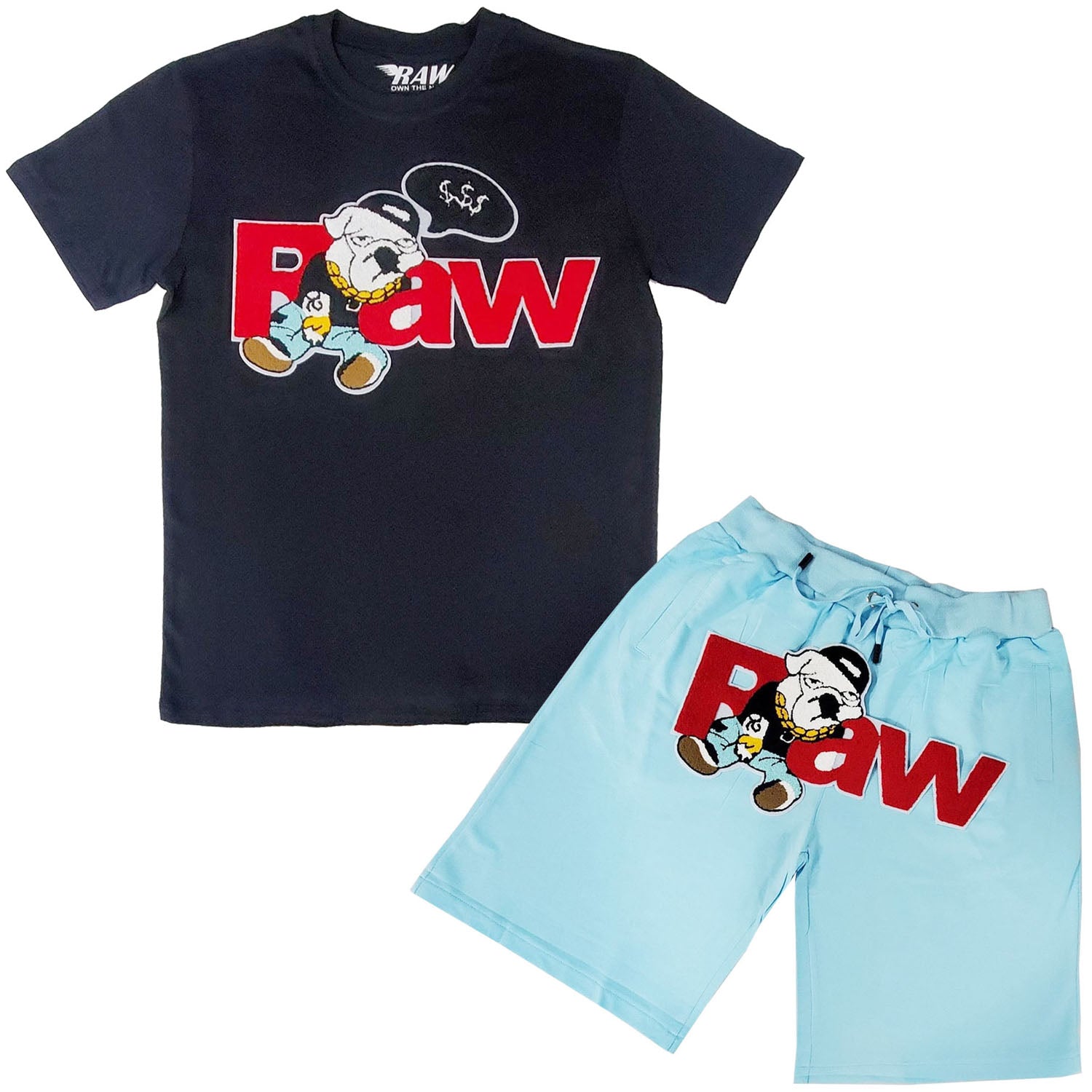 Men RAW Bulldog Chenille Crew Neck T-Shirts and Cotton Shorts Set - Rawyalty Clothing