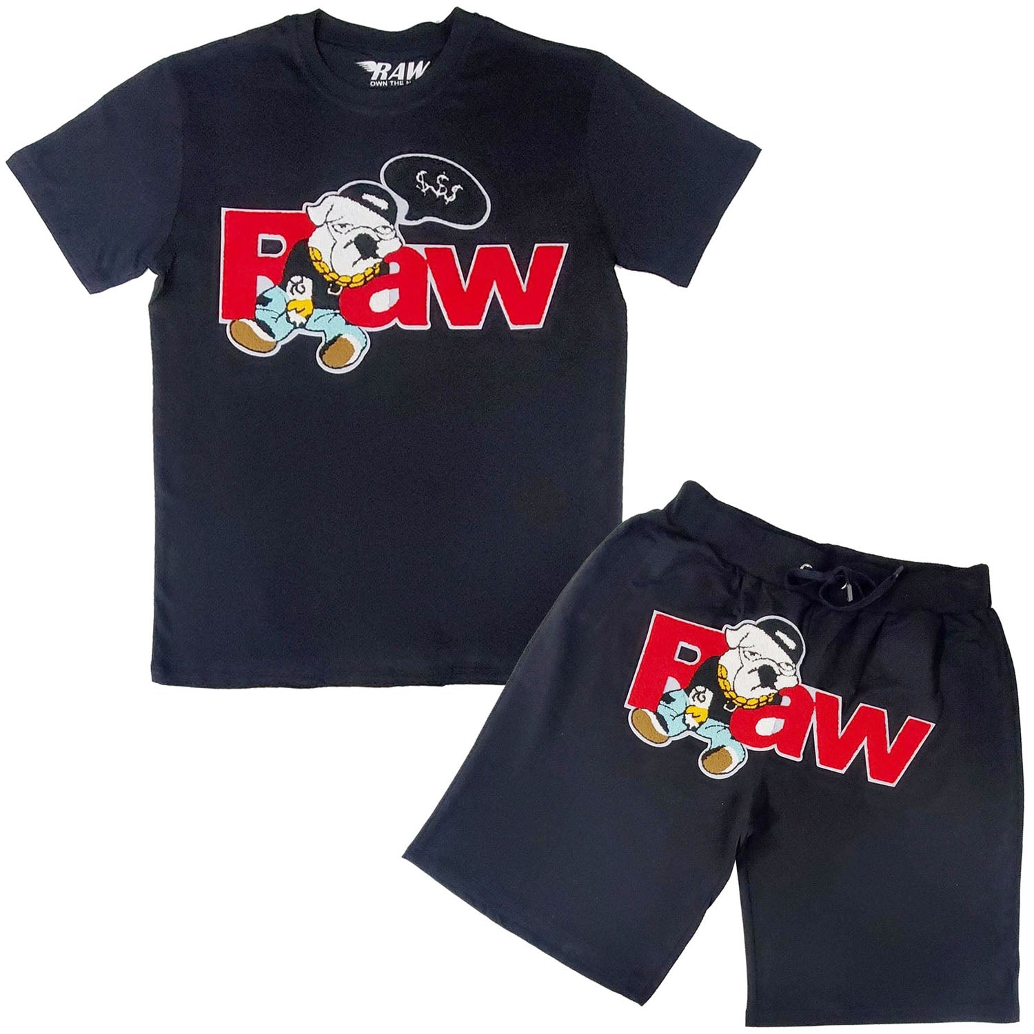 Men RAW Bulldog Chenille Crew Neck T-Shirts and Cotton Shorts Set - Rawyalty Clothing