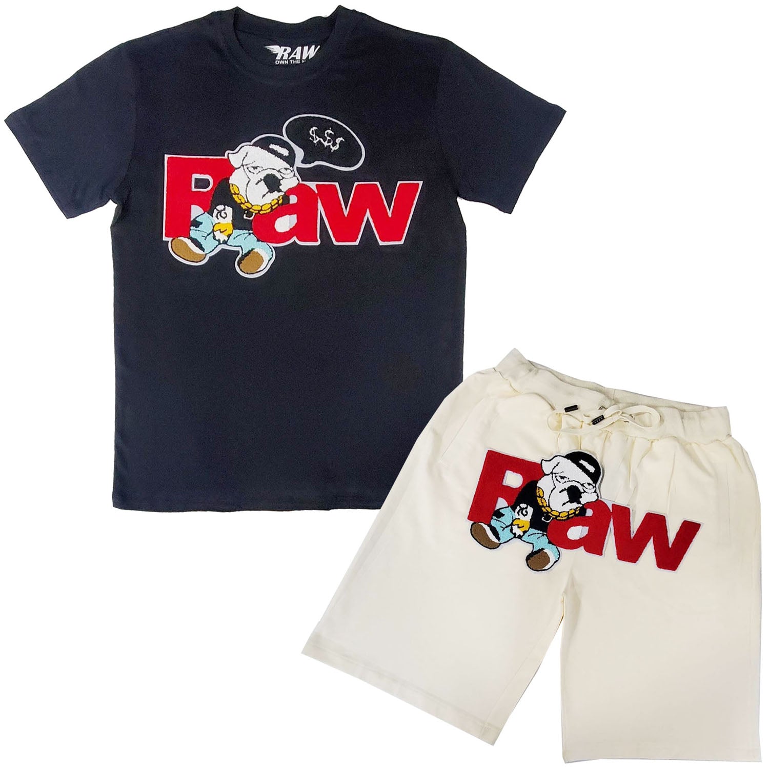 Men RAW Bulldog Chenille Crew Neck T-Shirts and Cotton Shorts Set - Rawyalty Clothing