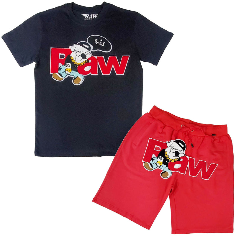Men RAW Bulldog Chenille Crew Neck T-Shirts and Cotton Shorts Set - Rawyalty Clothing