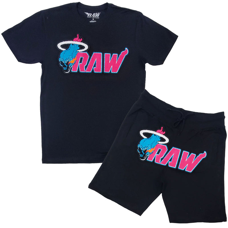 Men RAW Heat Chenille Crew Neck T-Shirts and Cotton Shorts Set - Rawyalty Clothing