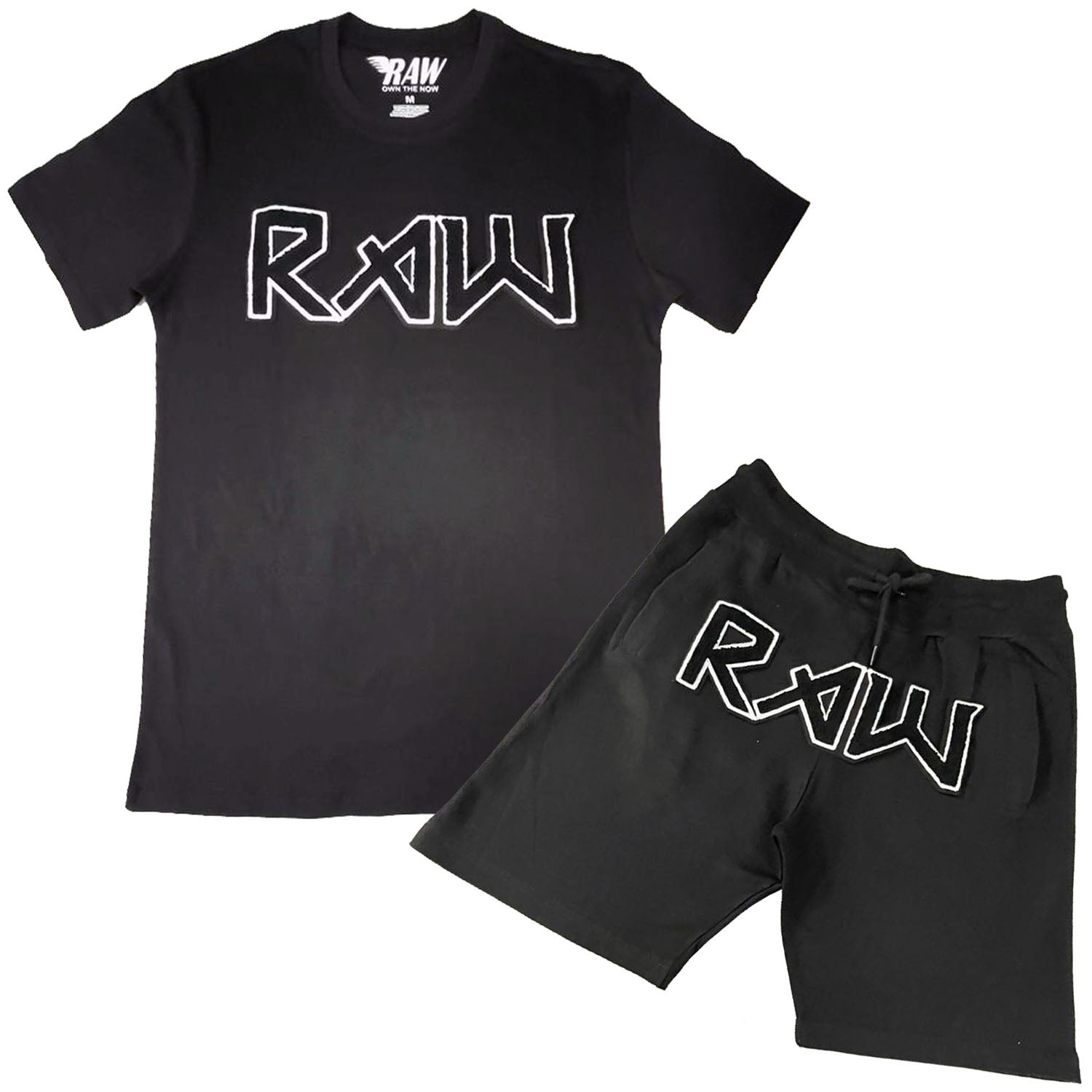 Men RAW Edition 1 Black Chenille Crew Neck T-Shirts and Cotton Shorts Set - Rawyalty Clothing