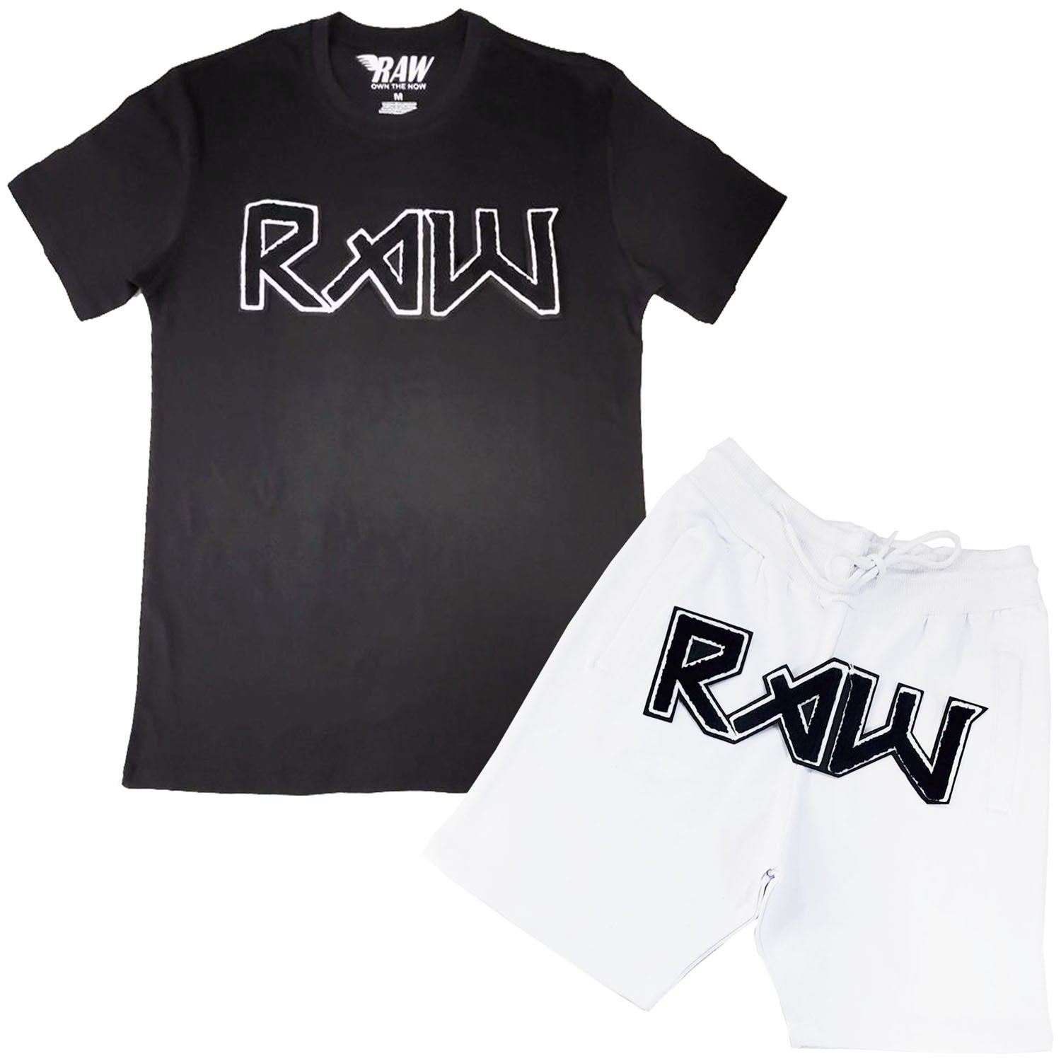 Men RAW Edition 1 Black Chenille Crew Neck T-Shirts and Cotton Shorts Set - Rawyalty Clothing