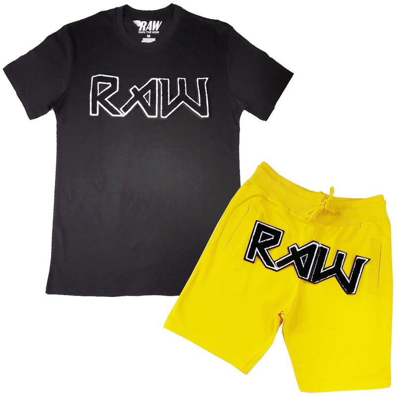 Men RAW Edition 1 Black Chenille Crew Neck T-Shirts and Cotton Shorts Set - Rawyalty Clothing