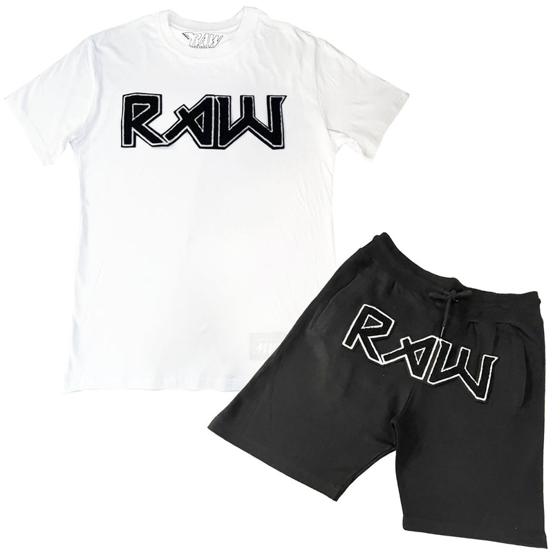 Men RAW Edition 1 Black Chenille Crew Neck T-Shirts and Cotton Shorts Set - Rawyalty Clothing