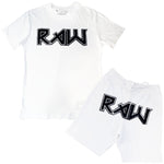 Men RAW Edition 1 Black Chenille Crew Neck T-Shirts and Cotton Shorts Set - Rawyalty Clothing