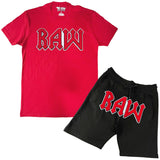 Men RAW Edition 3 Red Chenille Crew Neck T-Shirts and Cotton Shorts Set - Rawyalty Clothing