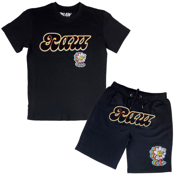 Men RAW Retro Flower Chenille Crew Neck and Cotton Shorts Set - Black Tees / Black Shorts - Rawyalty Clothing