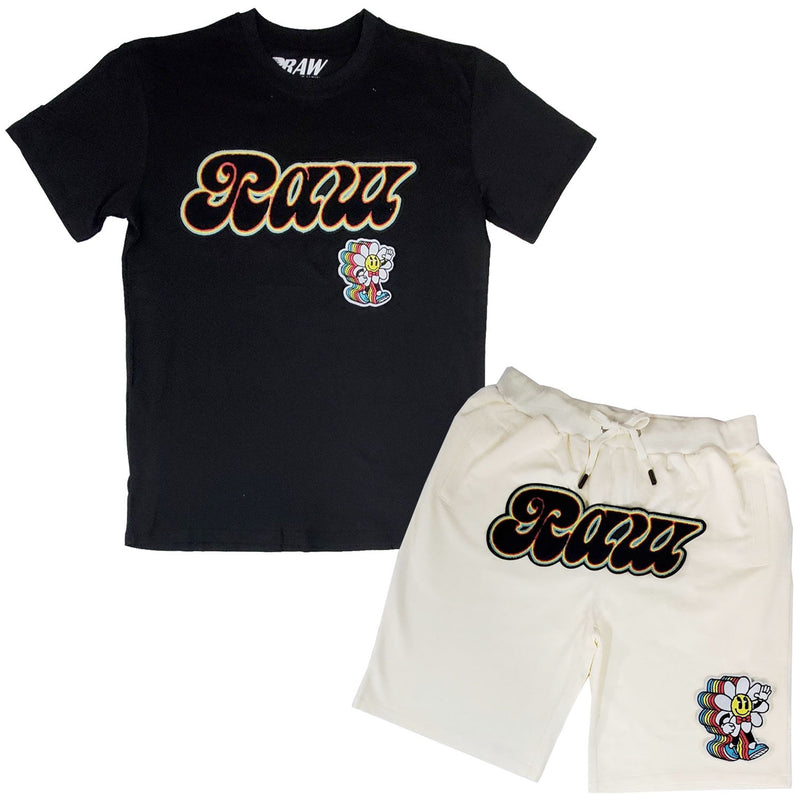Men RAW Retro Flower Chenille Crew Neck and Cotton Shorts Set - Black Tees / Cream Shorts - Rawyalty Clothing