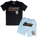 Men RAW Retro Flower Chenille Crew Neck and Cotton Shorts Set - Black Tees / Light Blue Shorts - Rawyalty Clothing
