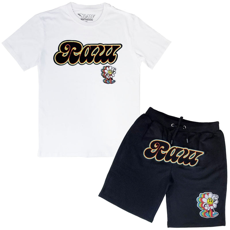 Men RAW Retro Flower Chenille Crew Neck and Cotton Shorts Set - White Tees / Black Shorts - Rawyalty Clothing
