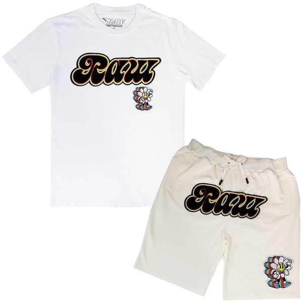 Men RAW Retro Flower Chenille Crew Neck and Cotton Shorts Set - White Tees / Cream Shorts - Rawyalty Clothing