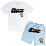 Men RAW Retro Flower Chenille Crew Neck and Cotton Shorts Set - White Tees / Light Blue Shorts - Rawyalty Clothing