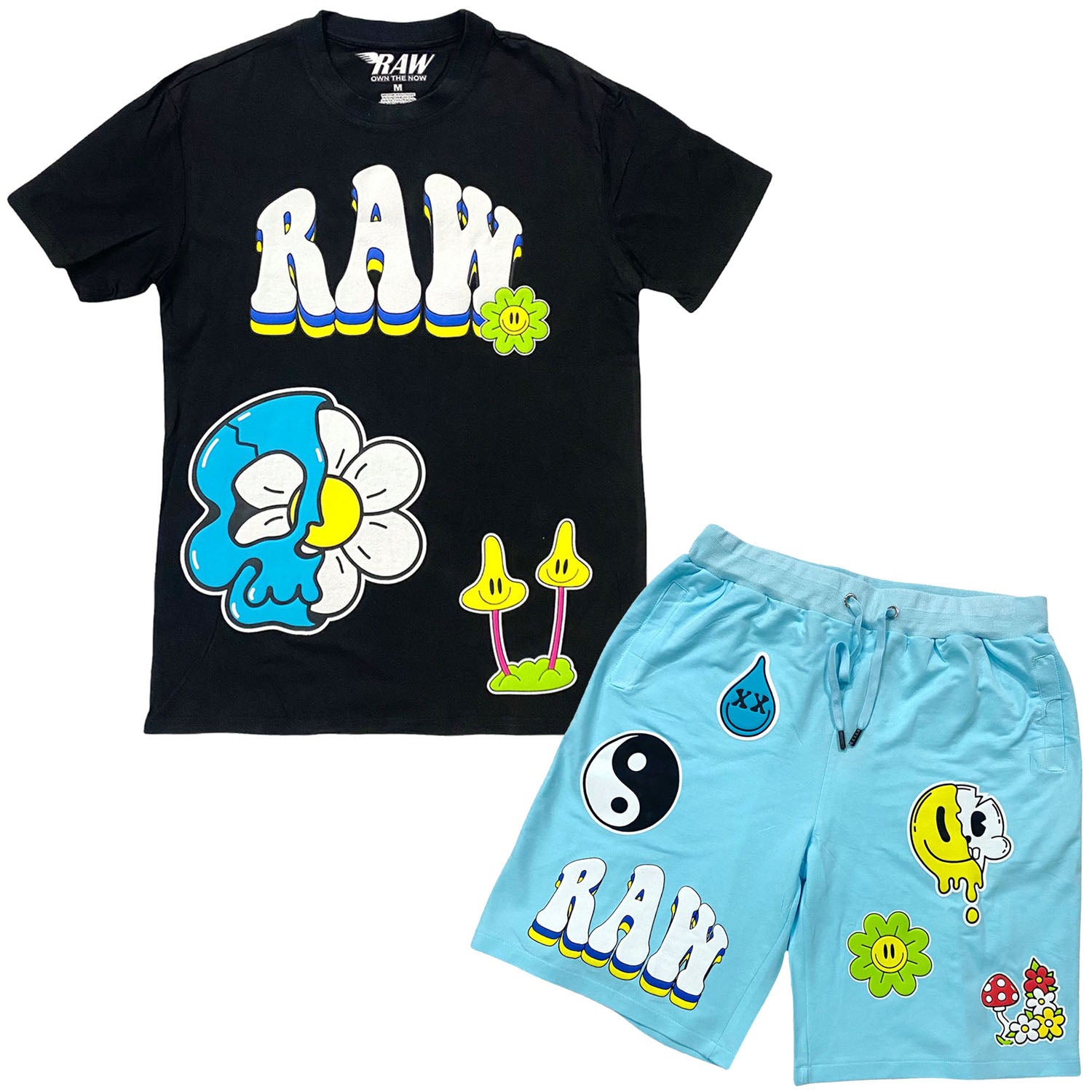 Men Smiley Drip Puff Print Crew Neck and Cotton Shorts Set - Black Tees / Aqua Shorts - Rawyalty Clothing