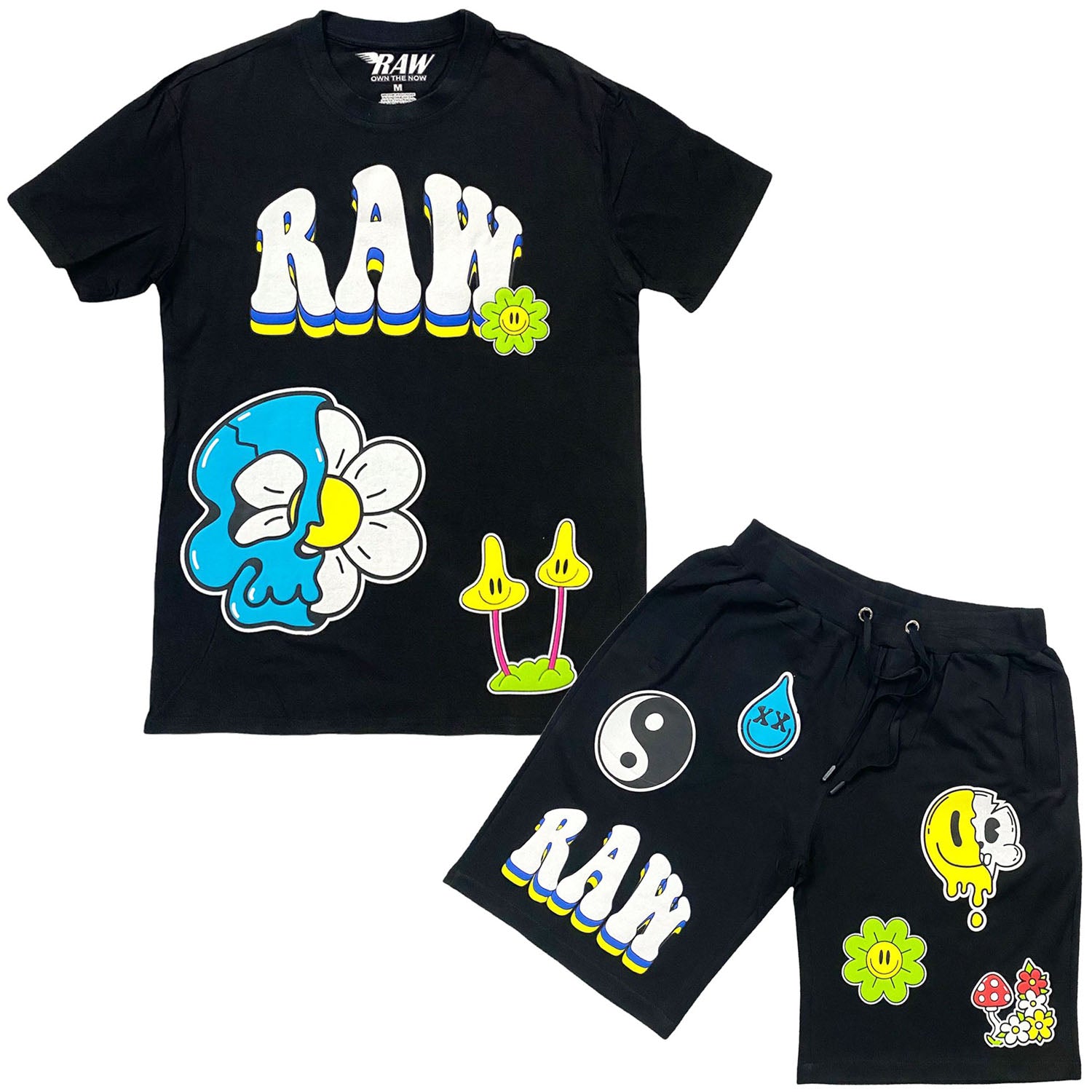 Men Smiley Drip Puff Print Crew Neck and Cotton Shorts Set - Black Tees / Black Shorts - Rawyalty Clothing