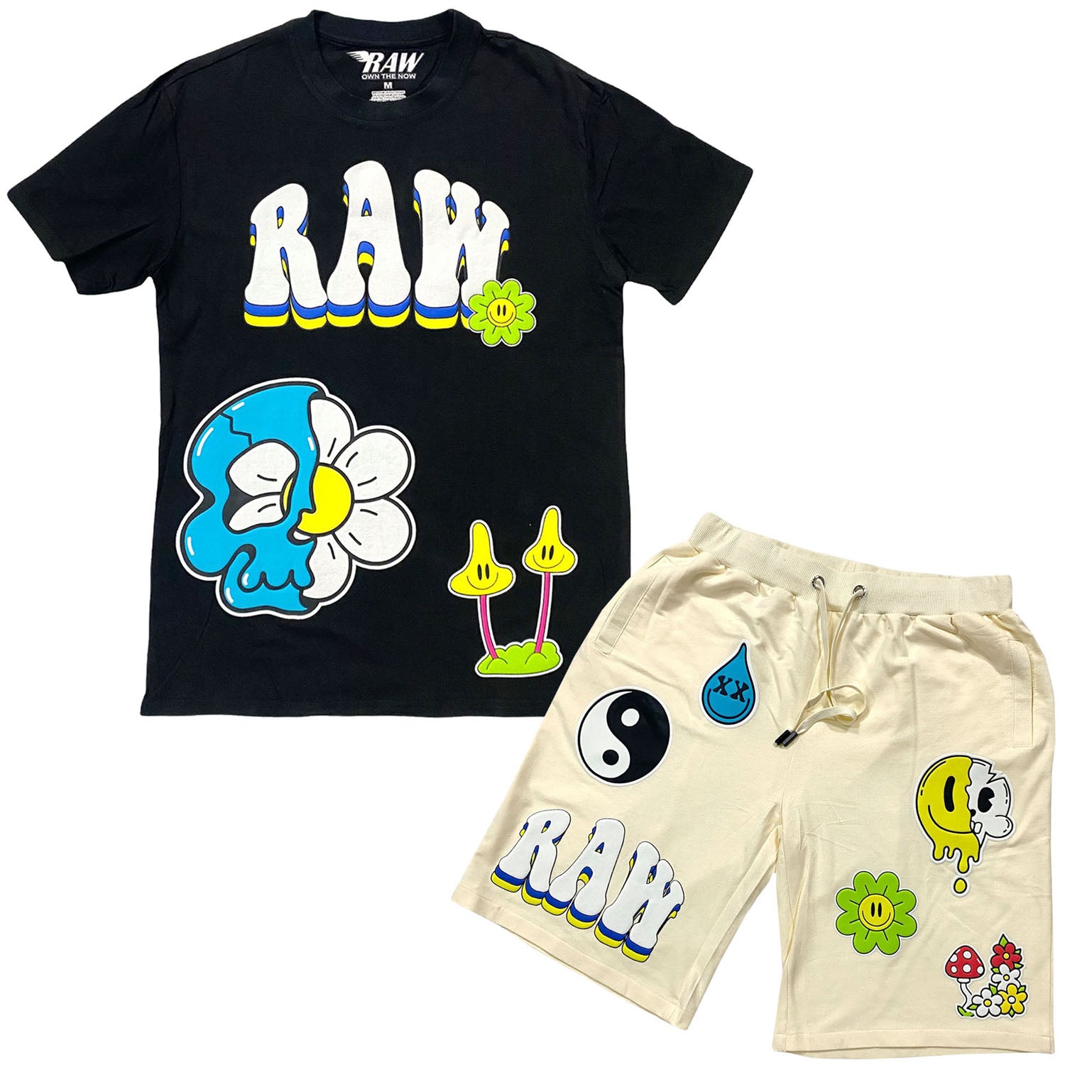 Men Smiley Drip Puff Print Crew Neck and Cotton Shorts Set - Black Tees / Cream Shorts - Rawyalty Clothing