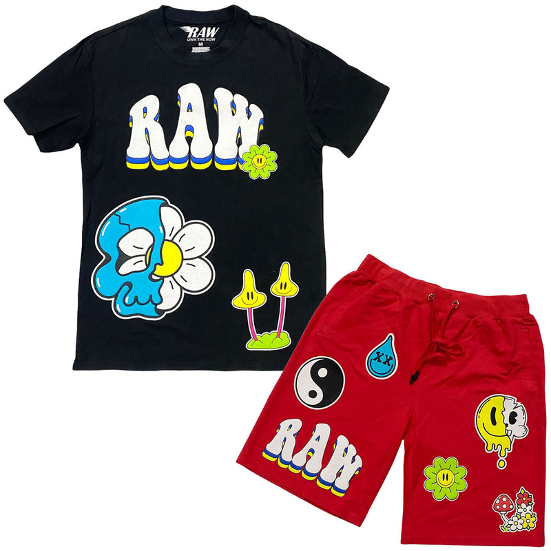 Men Smiley Drip Puff Print Crew Neck and Cotton Shorts Set - Black Tees / Red Shorts - Rawyalty Clothing