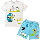 Men Smiley Drip Puff Print Crew Neck and Cotton Shorts Set - White Tees / Aqua Shorts - Rawyalty Clothing